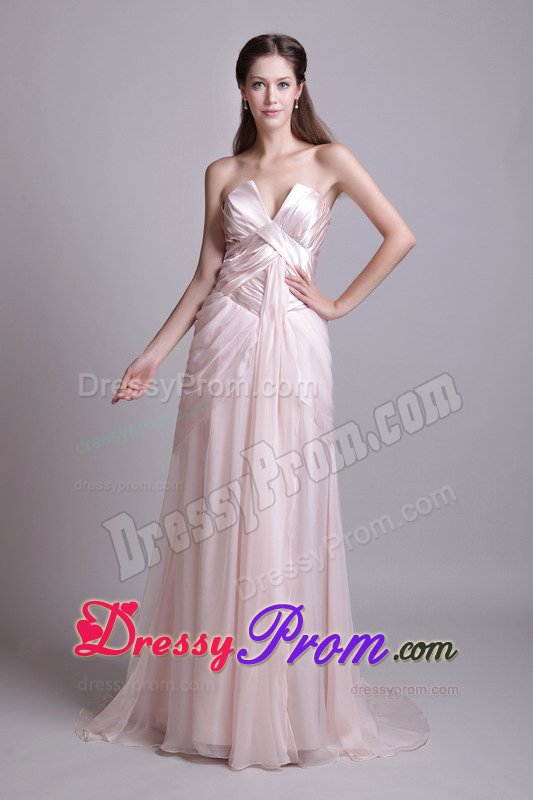 Pink Empire v Neck Prom Evening Dress with Brush Train and Ruches