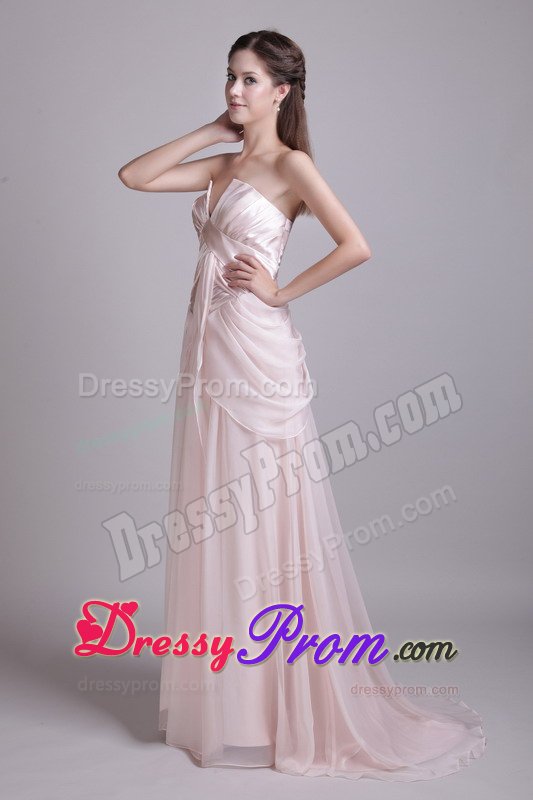 Pink Empire v Neck Prom Evening Dress with Brush Train and Ruches