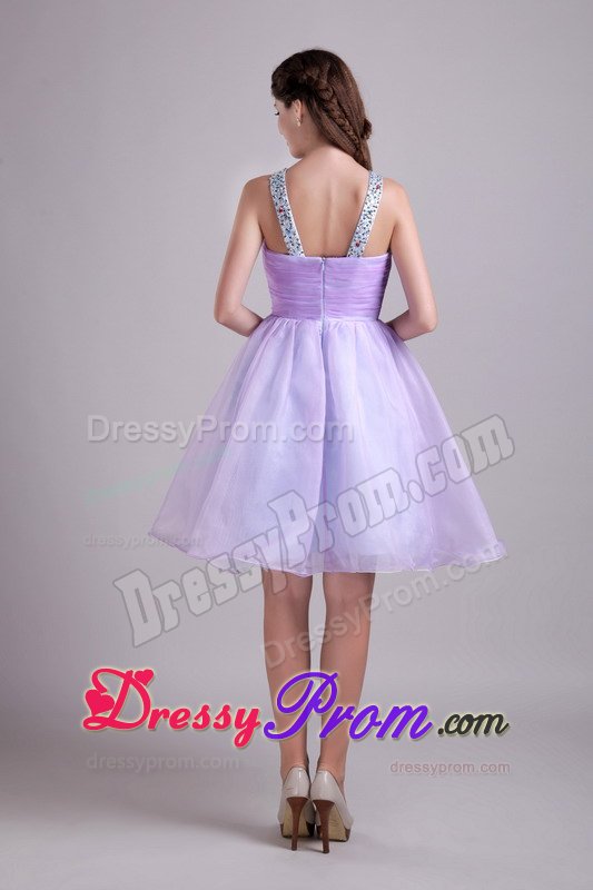 Ruched and Beaded v Neck Lilac Prom Evening Dress with Cutout