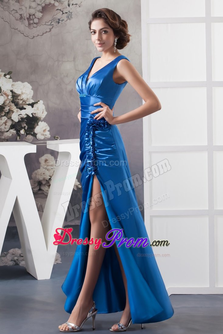 Elegant V-neck Slitted Royal Blue Long Prom Celebrity Dress