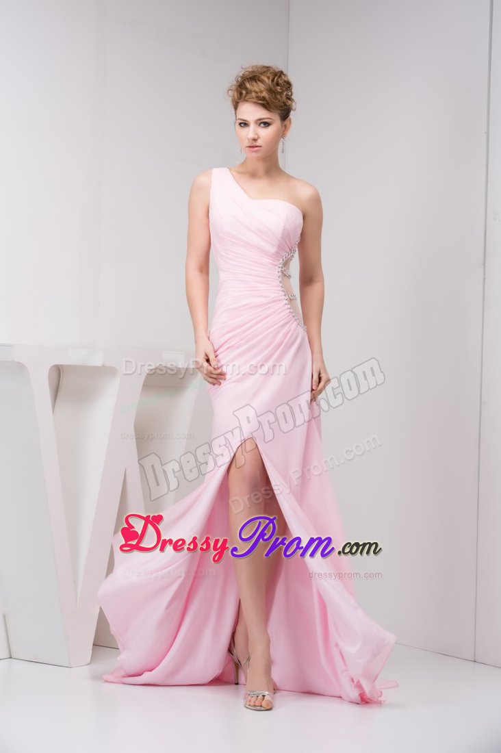 One Shoulder Ruches High Slit Beading Cutouts Dresses for Prom