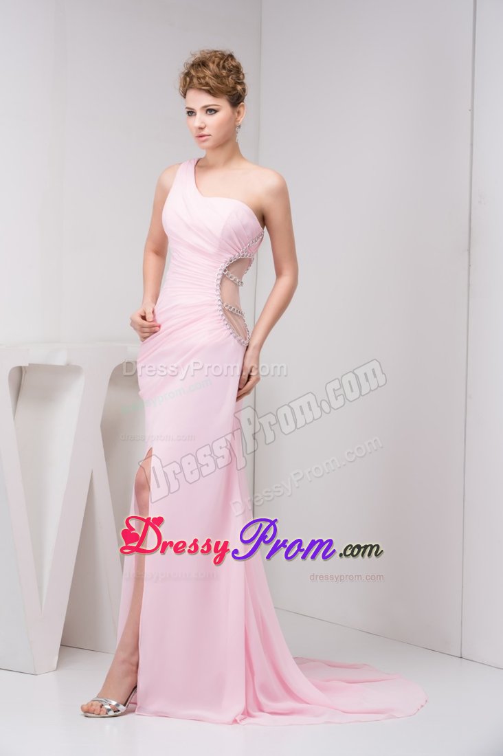 One Shoulder Ruches High Slit Beading Cutouts Dresses for Prom
