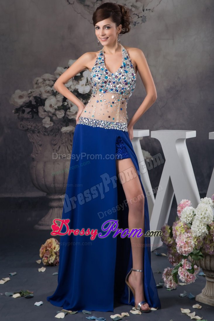 Blue Halter Top Rhinestones Slitted Prom Dress with Sheer Waist
