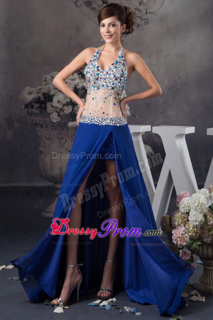 Blue Halter Top Rhinestones Slitted Prom Dress with Sheer Waist