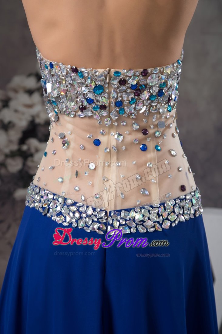 Blue Halter Top Rhinestones Slitted Prom Dress with Sheer Waist
