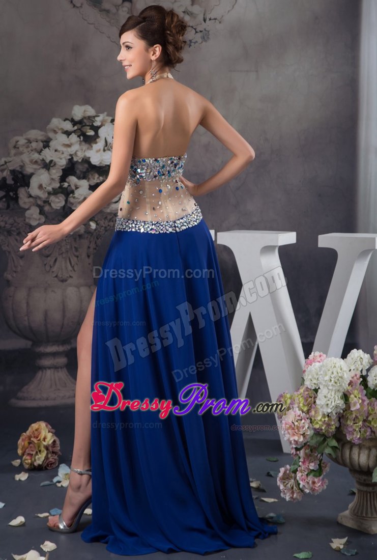 Blue Halter Top Rhinestones Slitted Prom Dress with Sheer Waist