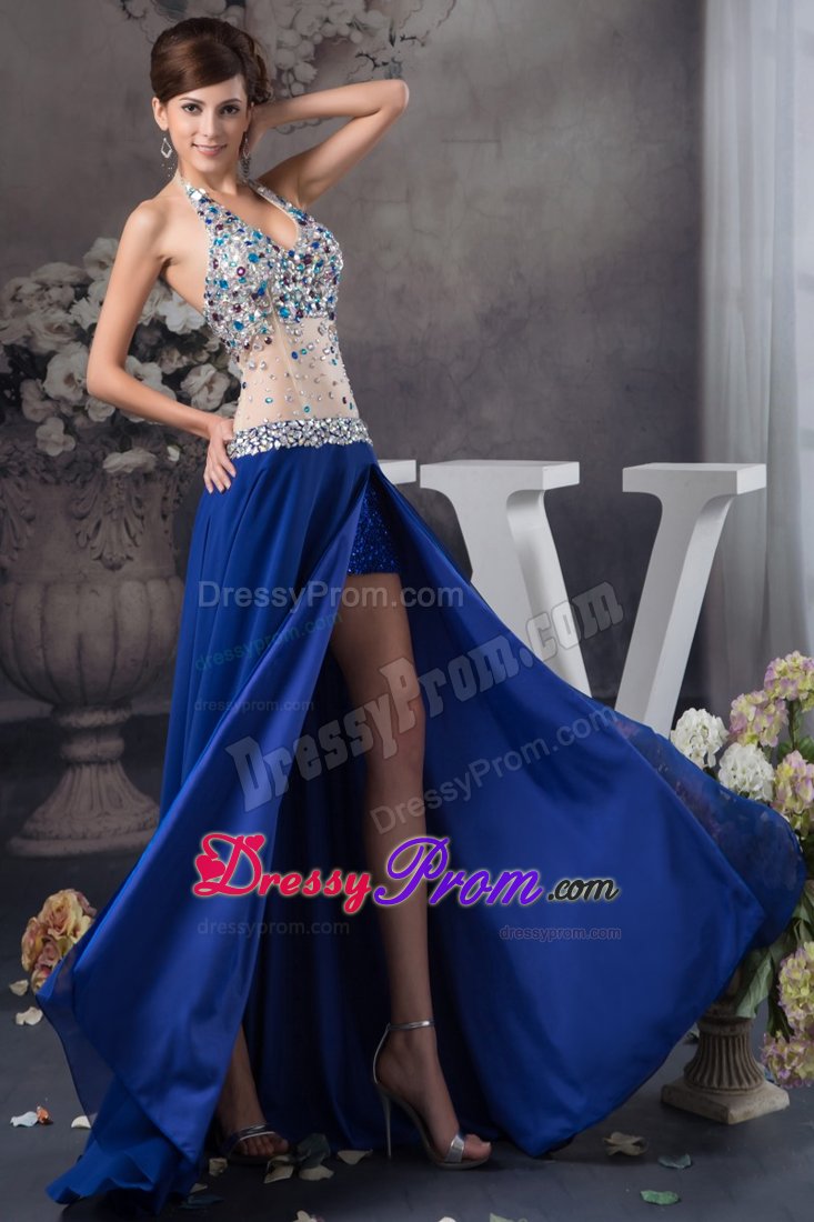 Blue Halter Top Rhinestones Slitted Prom Dress with Sheer Waist