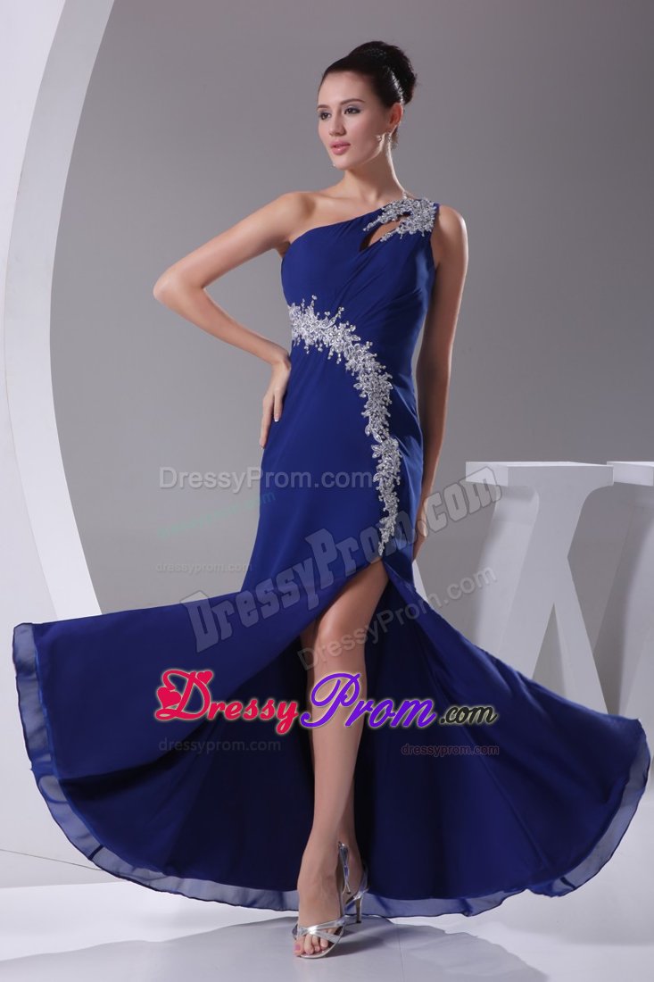 one Shoulder Slitted Appliqued Royal Blue Prom formal Dress