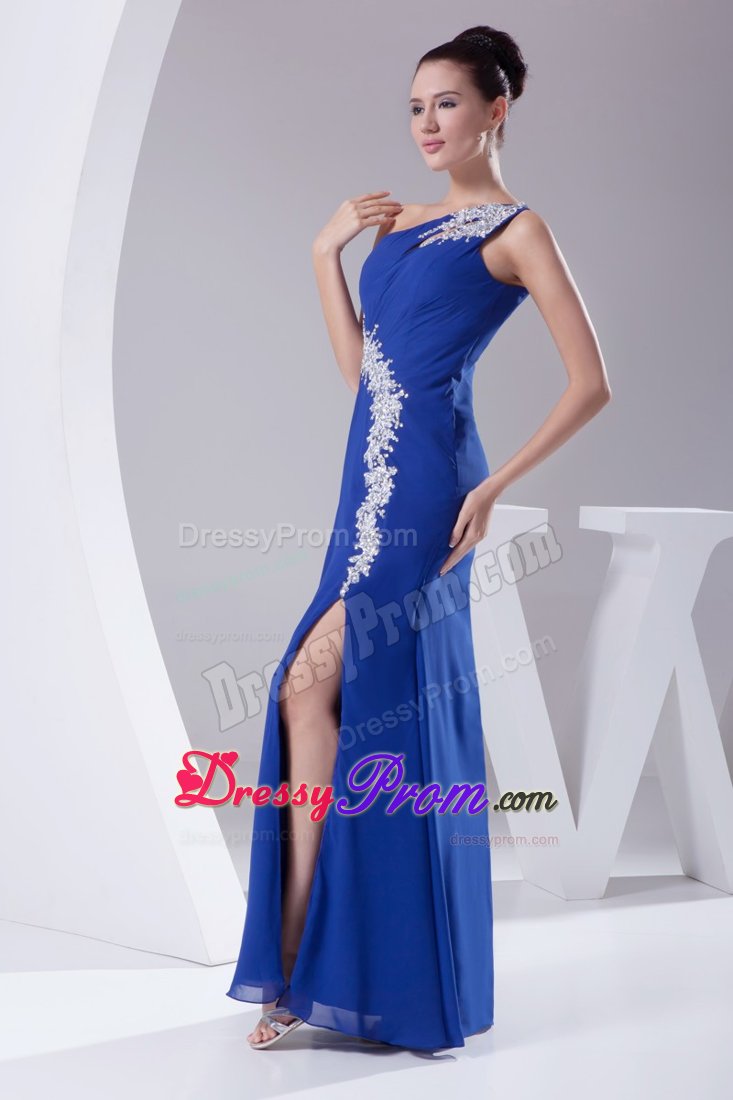 one Shoulder Slitted Appliqued Royal Blue Prom formal Dress