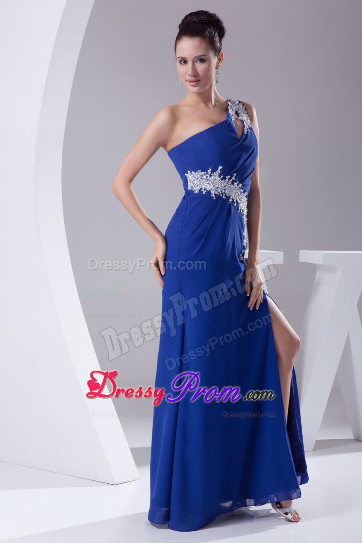 one Shoulder Slitted Appliqued Royal Blue Prom formal Dress