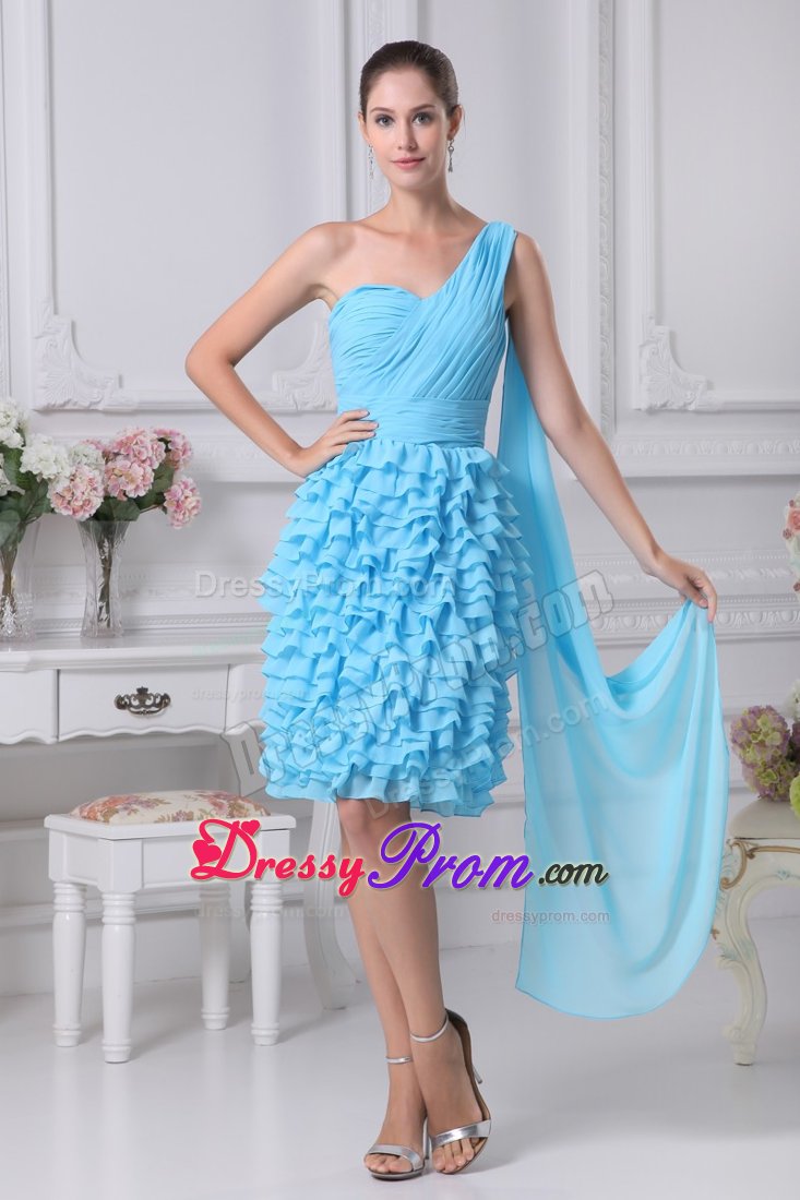 Ruched and Ruffled Aqua Blue Dresses for Prom Princess One Shoulder