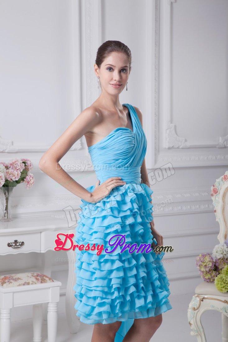 Ruched and Ruffled Aqua Blue Dresses for Prom Princess One Shoulder