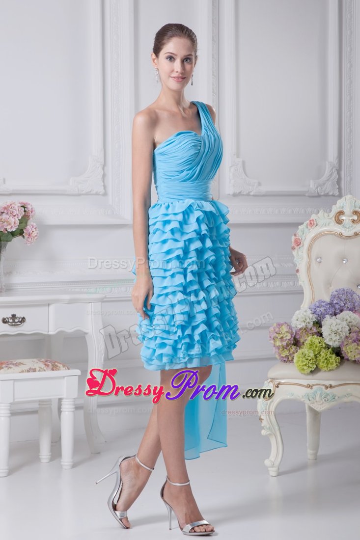 Ruched and Ruffled Aqua Blue Dresses for Prom Princess One Shoulder