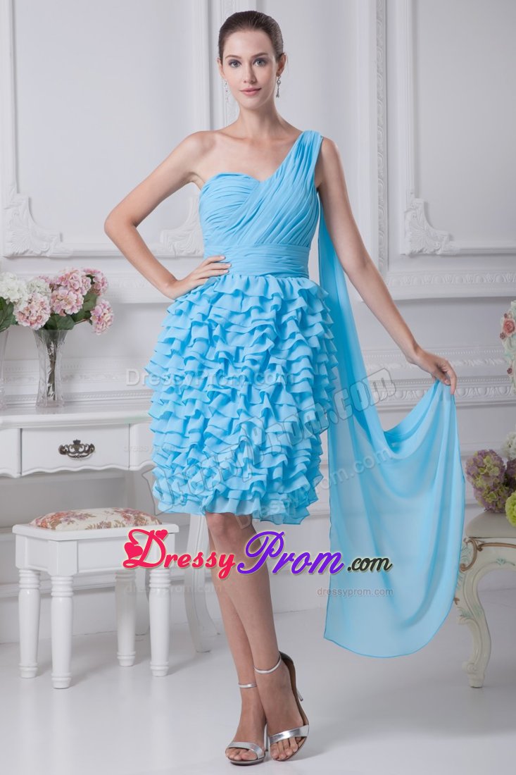 Ruched and Ruffled Aqua Blue Dresses for Prom Princess One Shoulder