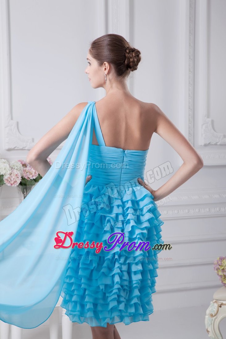 Ruched and Ruffled Aqua Blue Dresses for Prom Princess One Shoulder