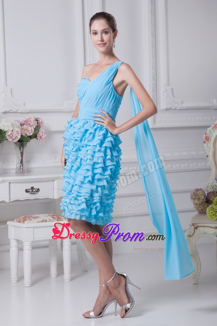 Ruched and Ruffled Aqua Blue Dresses for Prom Princess One Shoulder