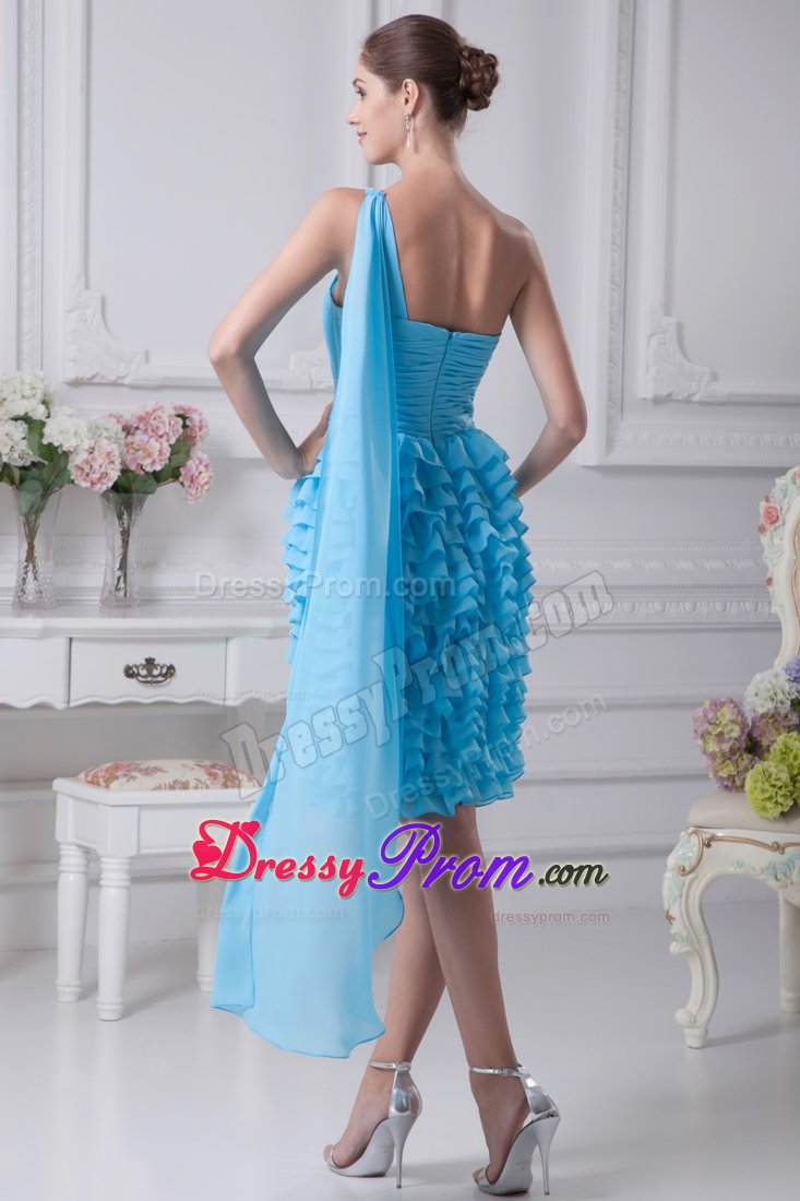Ruched and Ruffled Aqua Blue Dresses for Prom Princess One Shoulder