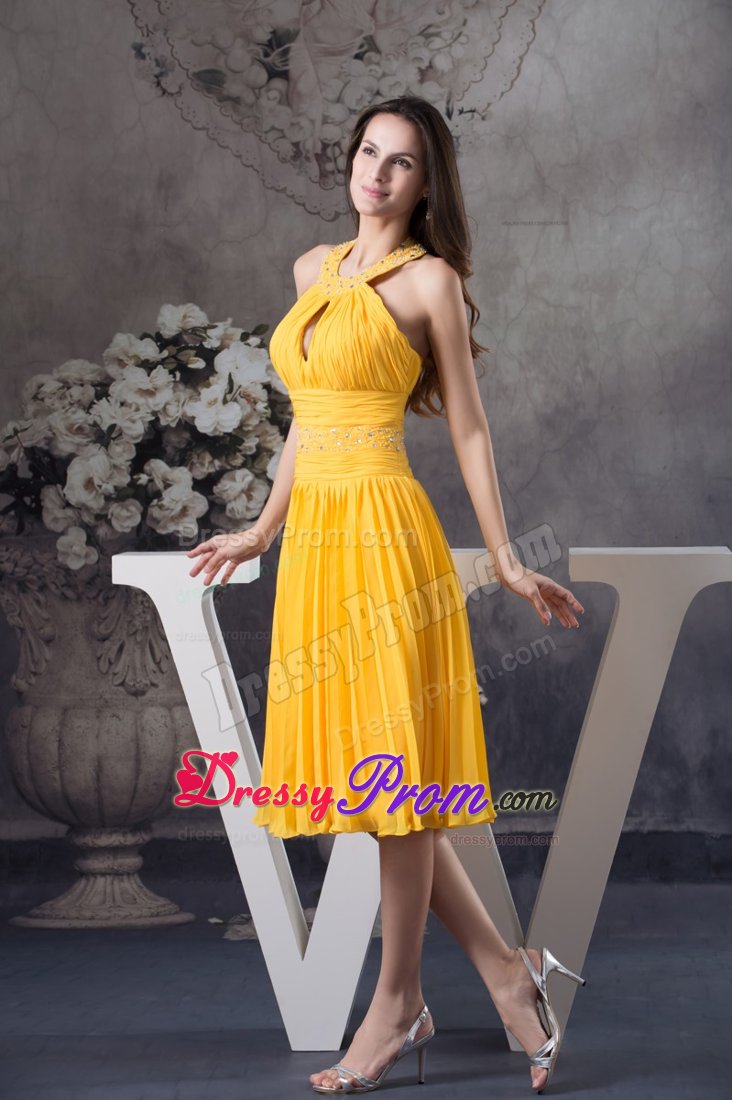 Beaded and Ruched Halter Pleated Yellow Dresses for Prom Princess