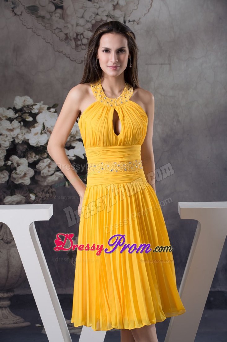 Beaded and Ruched Halter Pleated Yellow Dresses for Prom Princess