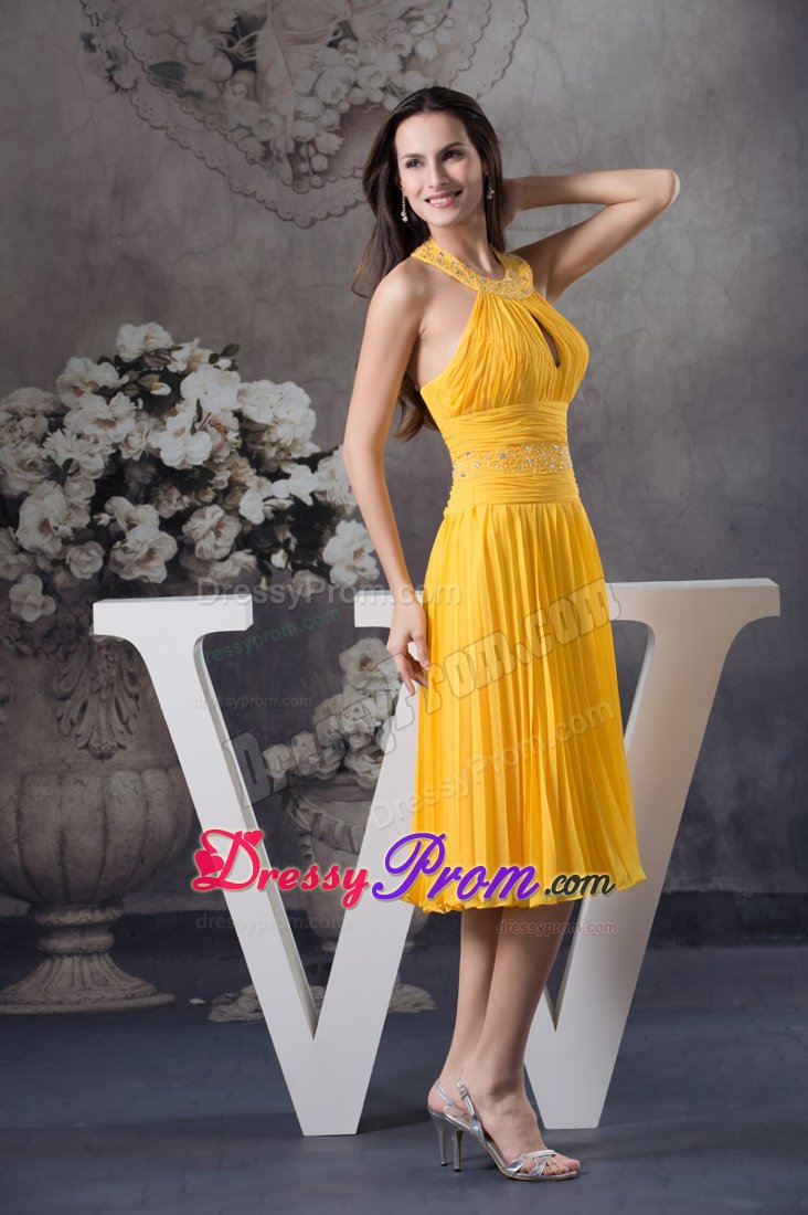 Beaded and Ruched Halter Pleated Yellow Dresses for Prom Princess