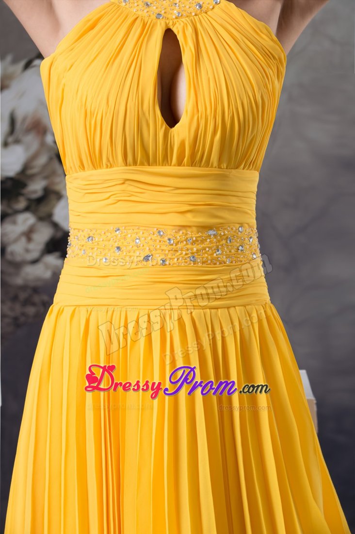 Beaded and Ruched Halter Pleated Yellow Dresses for Prom Princess