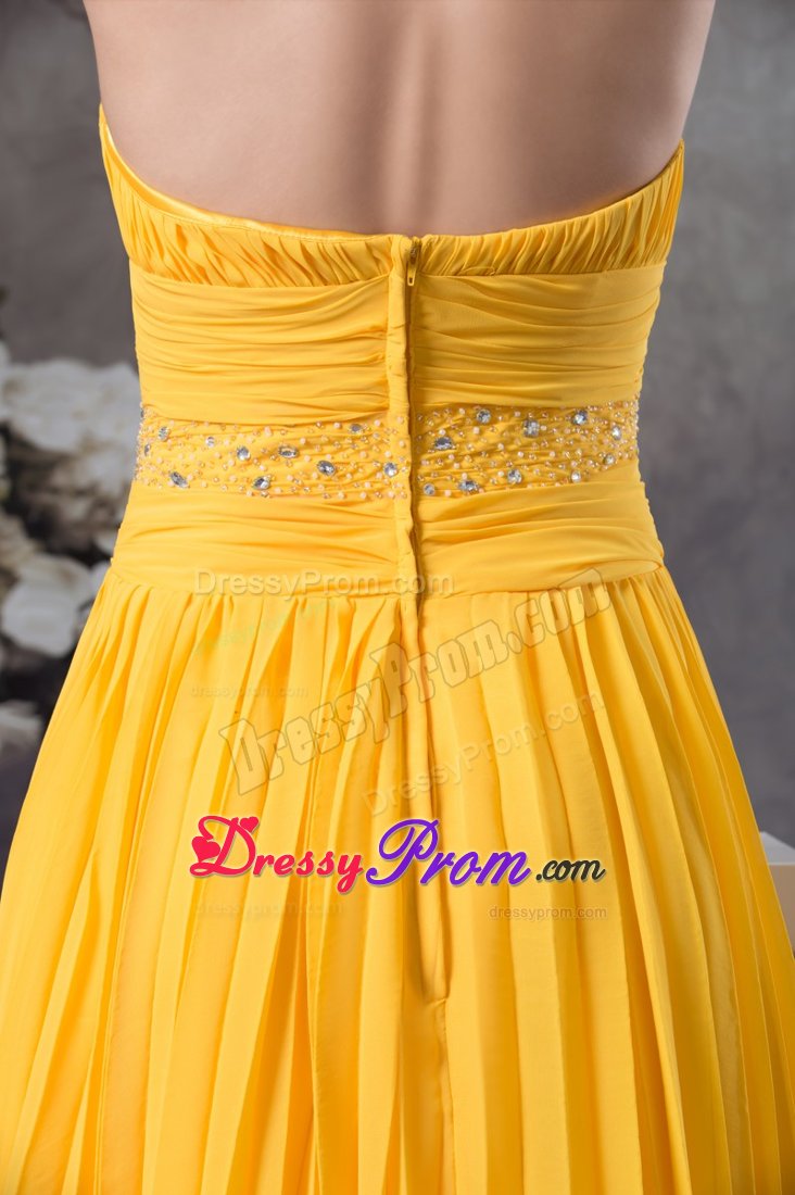 Beaded and Ruched Halter Pleated Yellow Dresses for Prom Princess