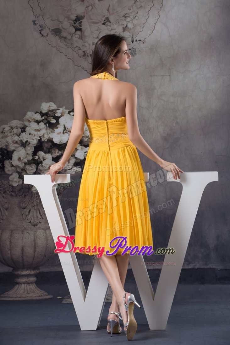 Beaded and Ruched Halter Pleated Yellow Dresses for Prom Princess