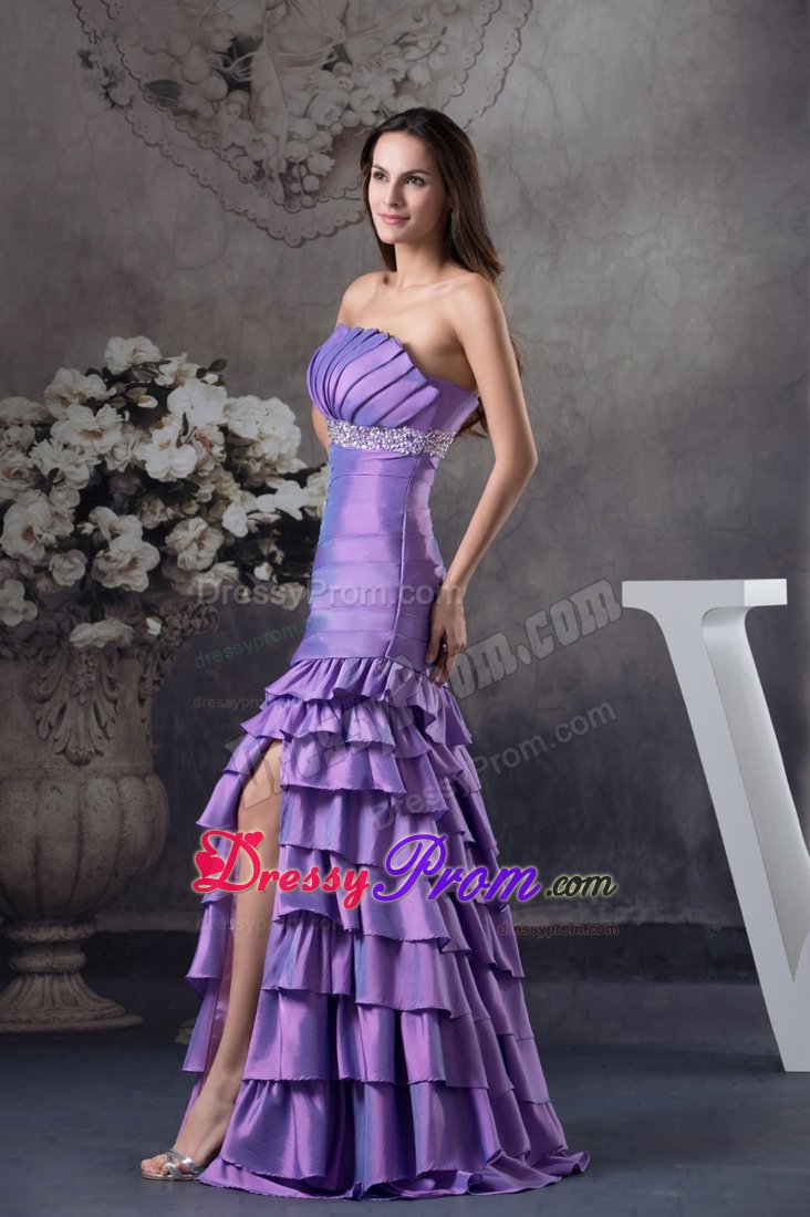 Strapless Beaded Slitted Purple Prom Dress with Ruffled Layers