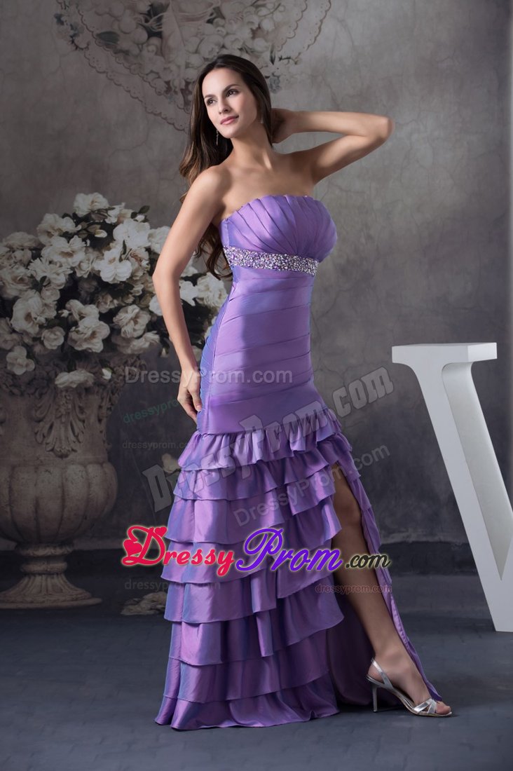 Strapless Beaded Slitted Purple Prom Dress with Ruffled Layers