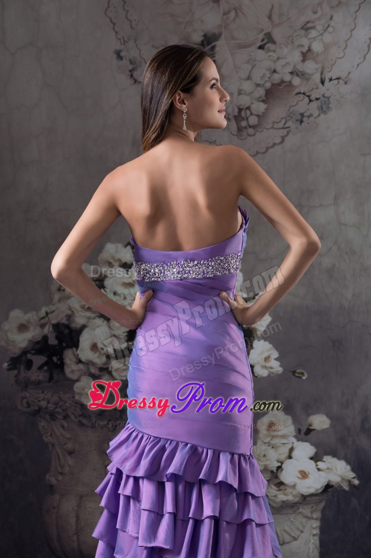 Strapless Beaded Slitted Purple Prom Dress with Ruffled Layers