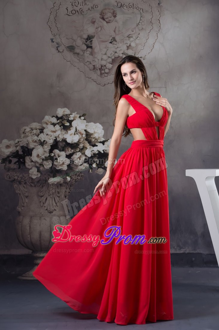 2014 Sexy Chiffon V-neck Red Prom Party Dress with Cutouts