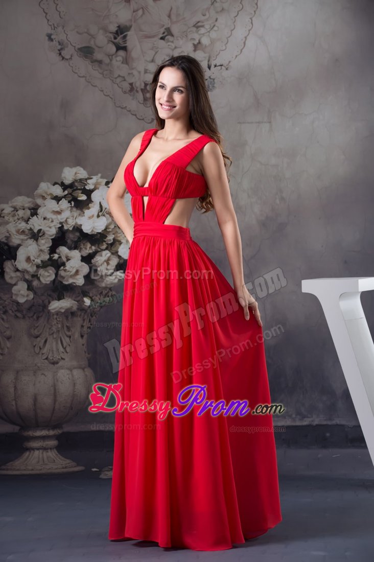2014 Sexy Chiffon V-neck Red Prom Party Dress with Cutouts