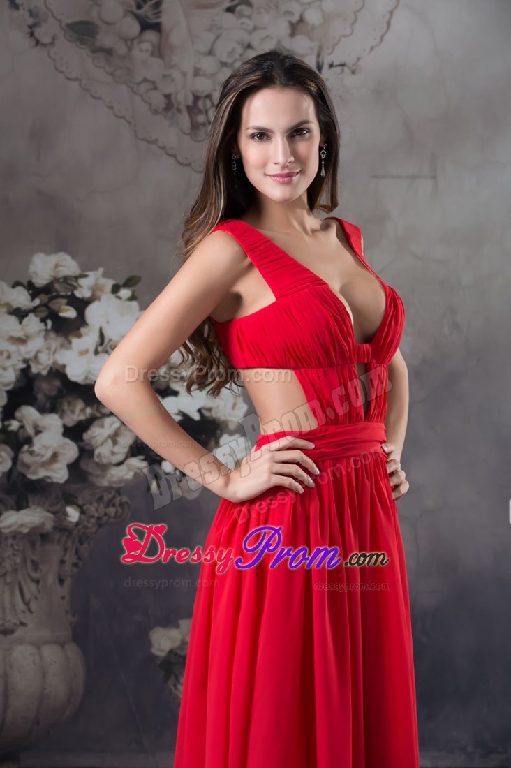 2014 Sexy Chiffon V-neck Red Prom Party Dress with Cutouts