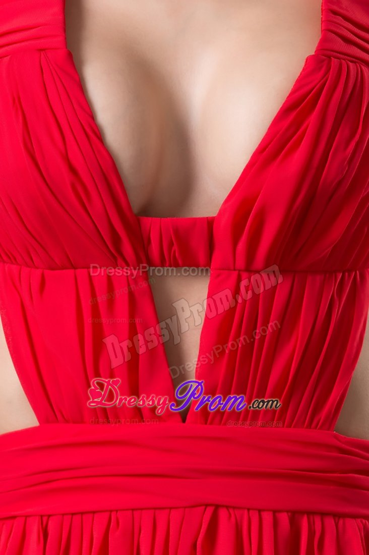 2014 Sexy Chiffon V-neck Red Prom Party Dress with Cutouts