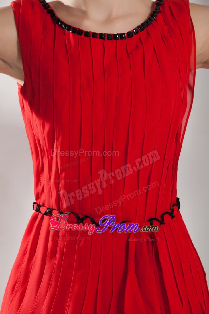 Beaded and Pleated Red Scoop Dresses for Prom Princess with Belt