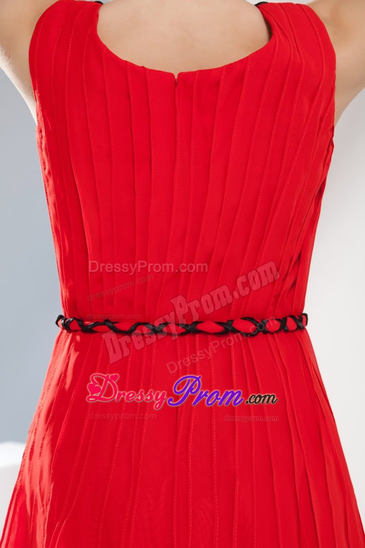 Beaded and Pleated Red Scoop Dresses for Prom Princess with Belt