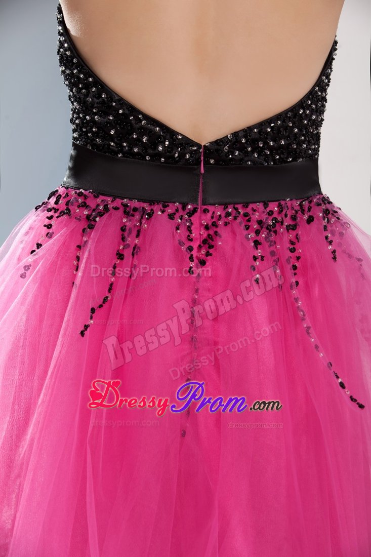 Beading and Sash Accent Organza Senior Prom in Hot Pink and Black