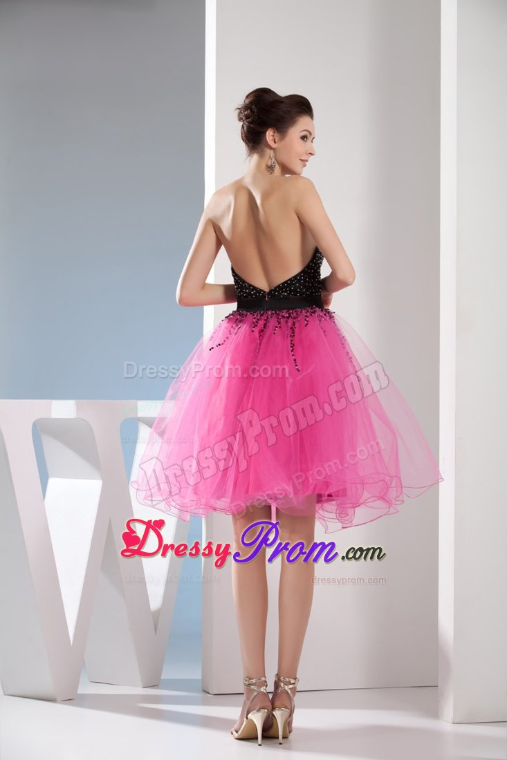 Beading and Sash Accent Organza Senior Prom in Hot Pink and Black