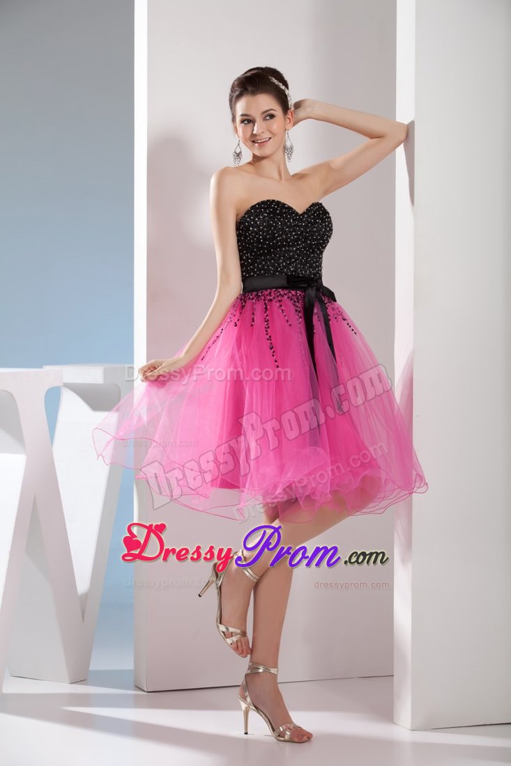 Beading and Sash Accent Organza Senior Prom in Hot Pink and Black