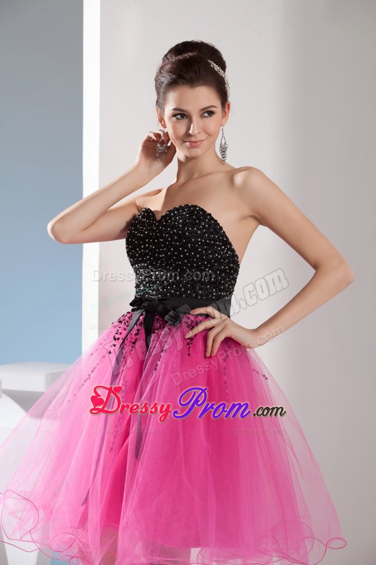 Beading and Sash Accent Organza Senior Prom in Hot Pink and Black