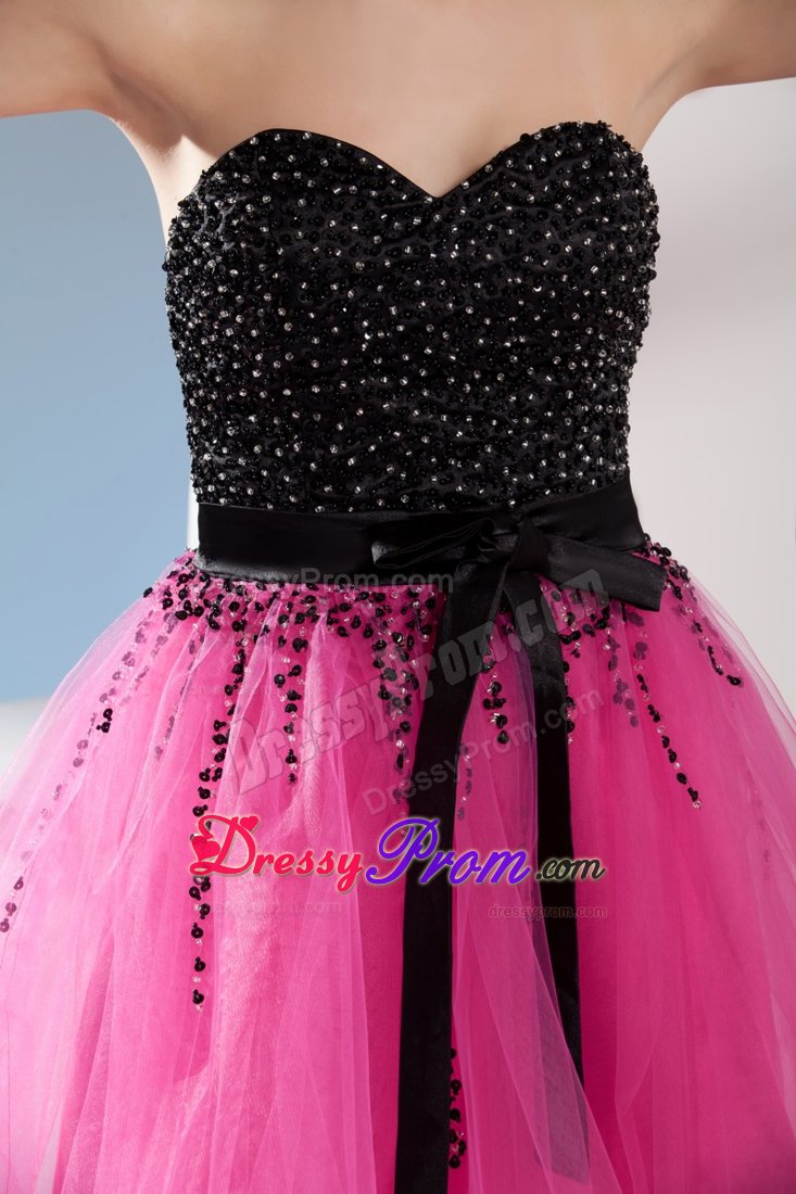 Beading and Sash Accent Organza Senior Prom in Hot Pink and Black