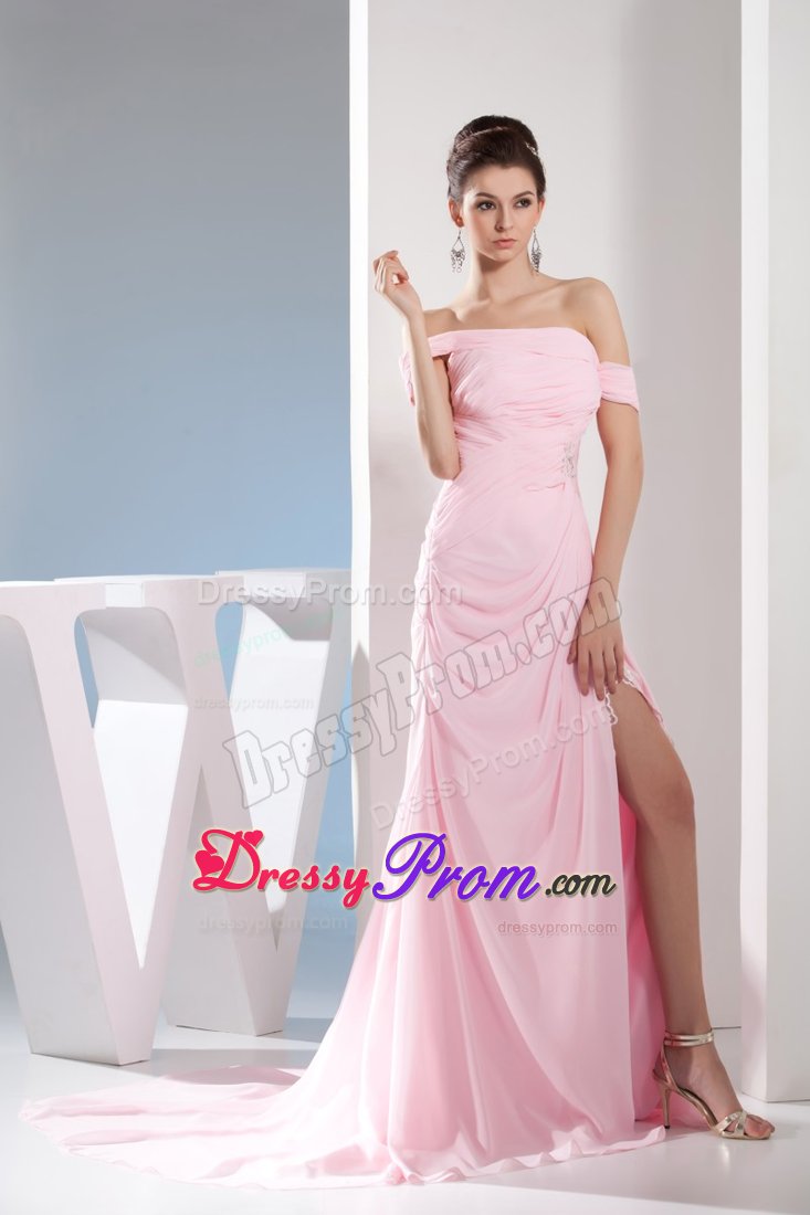 Off The Shoulder Chiffon Light Pink Prom Dress Court Train