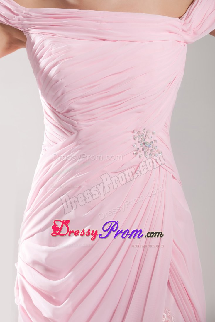 Off The Shoulder Chiffon Light Pink Prom Dress Court Train