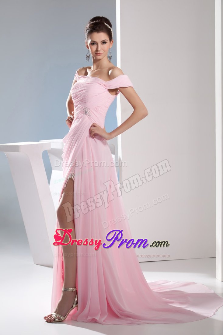 Off The Shoulder Chiffon Light Pink Prom Dress Court Train