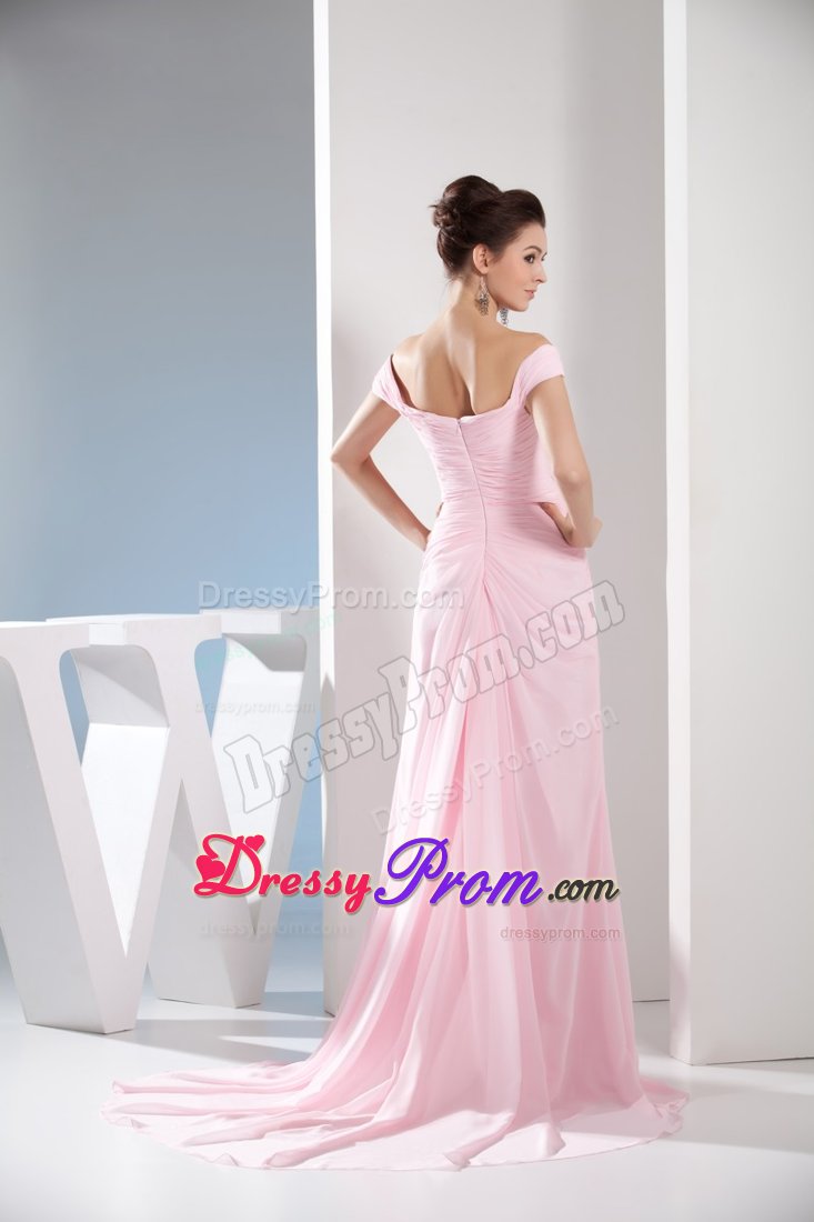 Off The Shoulder Chiffon Light Pink Prom Dress Court Train