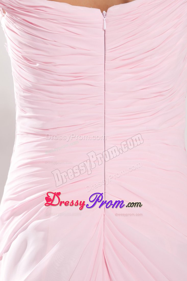 Off The Shoulder Chiffon Light Pink Prom Dress Court Train