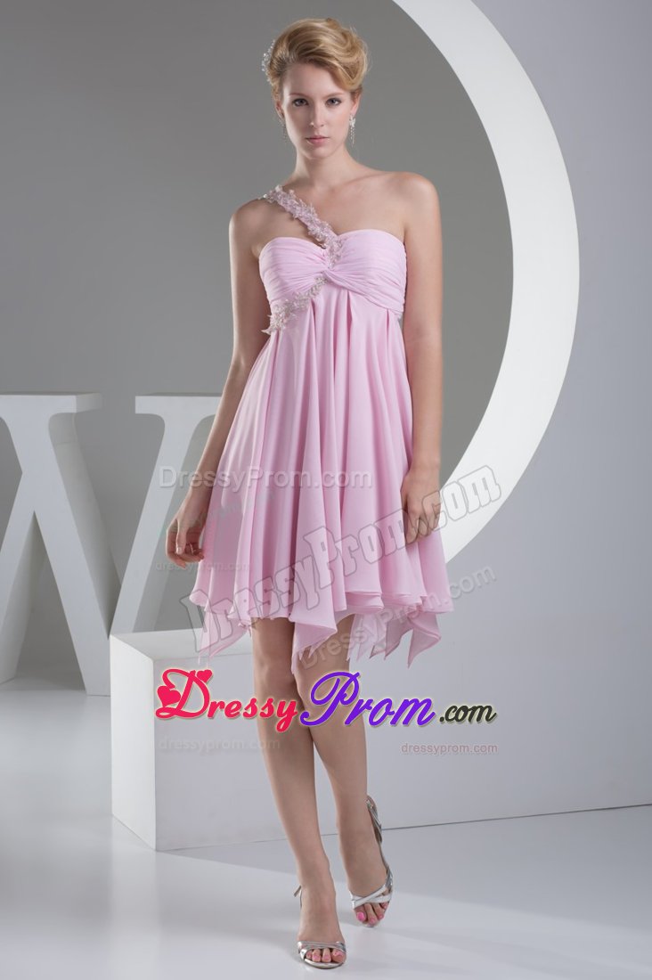 Appliqued One Shoulder Ruched Pink Senior Prom with Cutout Back