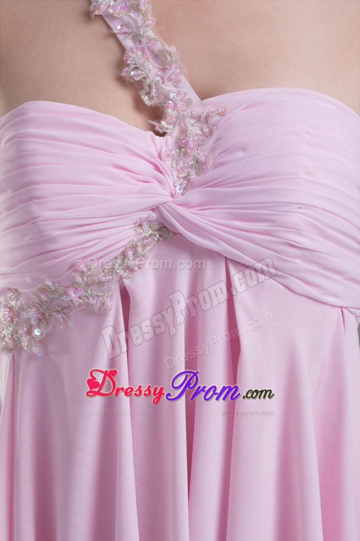 Appliqued One Shoulder Ruched Pink Senior Prom with Cutout Back