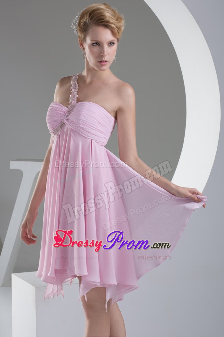 Appliqued One Shoulder Ruched Pink Senior Prom with Cutout Back