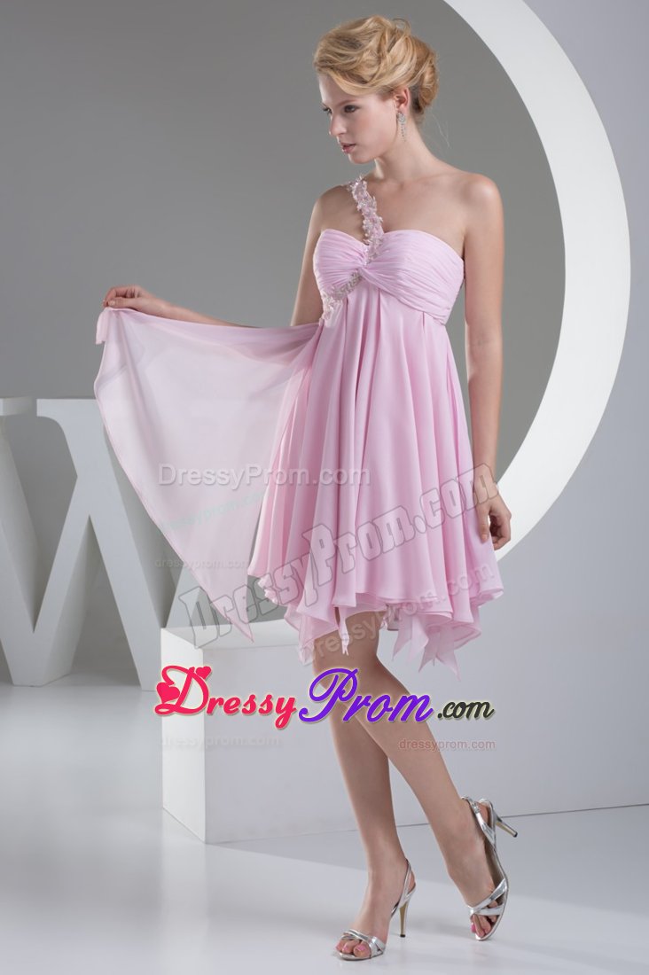 Appliqued One Shoulder Ruched Pink Senior Prom with Cutout Back